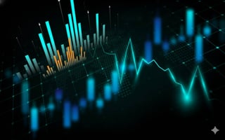 A black background with glowing blue and orange bar graphs and a pulsating blue line graph representing data visualization.