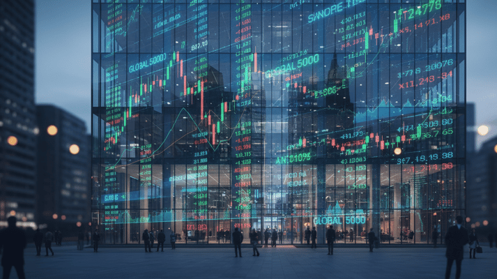 A modern glass building at dusk with a massive, transparent stock market chart projected onto its facade, as people walk in the plaza below