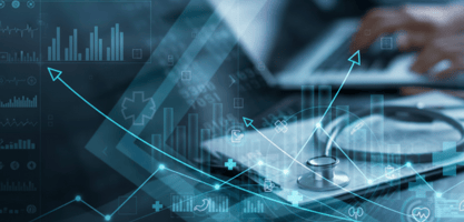 Healthcare data with upward trending arrows and a stethoscope.