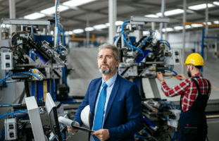 A man in a blue suit and tie, holding a hard hat and papers, looks up pensively in a factory setting. In the background, another worker in a yellow hard hat and plaid shirt measures equipment.