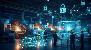 A visual representation of cybersecurity in a smart factory, showing glowing blue padlock icons and network lines superimposed on a factory floor with automated robotic arms and machinery.
