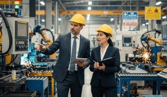 Two engineers in hard hats inspect a factory, with one pointing at machinery and the other taking notes.