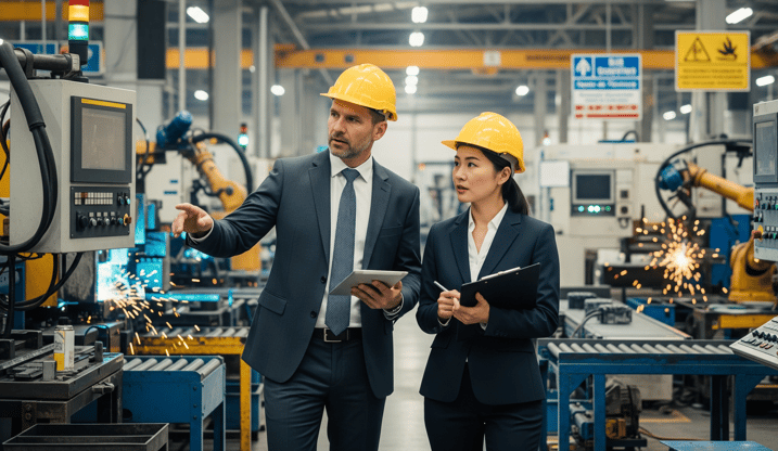 Two engineers in hard hats inspect a factory, with one pointing at machinery and the other taking notes.