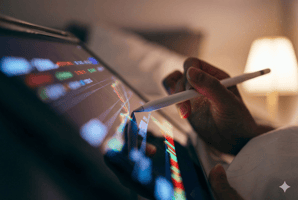Close-up of a person's hand using a white stylus to analyze colorful financial stock charts on a tablet screen in a dimly lit room.