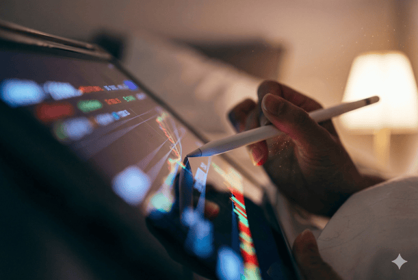 Close-up of a person's hand using a white stylus to analyze colorful financial stock charts on a tablet screen in a dimly lit room.