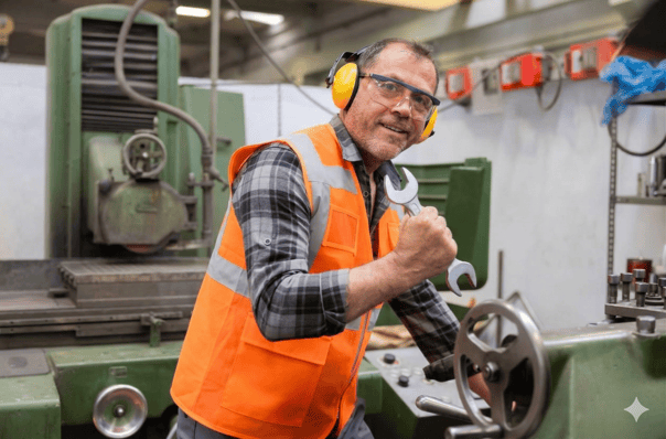A worker with an orange vest and earmuffs holding a wrench.