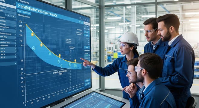 A group of people in a factory control room examining a screen that shows a timeline graph with an investment payback curve and a cash flow breakeven point.