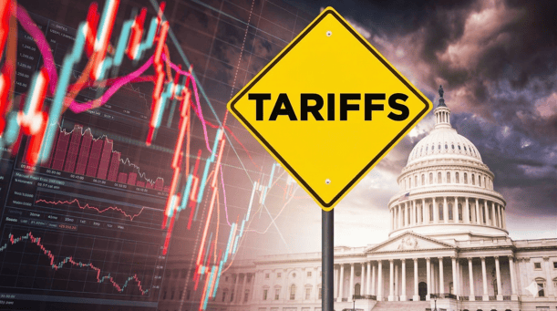 A conceptual collage featuring a yellow diamond road sign with the word "TARIFFS" positioned between a declining stock market graph and the U.S. Capitol building under a stormy sky.