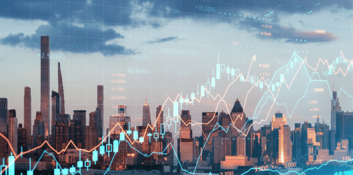 A futuristic cityscape at dusk is overlaid with vibrant blue and orange financial data graphs and charts, representing market trends and economic growth.