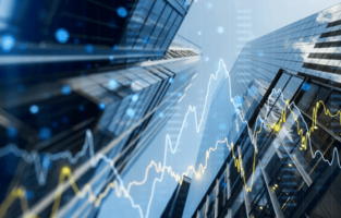  A low-angle view of modern skyscrapers with a glowing financial graph overlaid on the image.