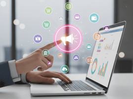 Hand interacting with a laptop, surrounded by a network of digital marketing icons.