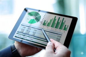A close-up shot of a person's hands holding a tablet displaying various charts and graphs, with one hand holding a stylus pointing at the screen.