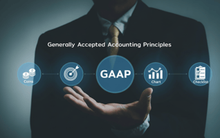 A person in a suit presents a holographic display with "Generally Accepted Accounting Principles" and "GAAP" surrounded by icons representing coins, a target, a chart, and a checklist.