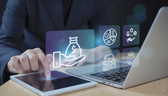 Abstract visualization of data analysis, featuring glowing lines converging and dispersing into a grid of digital particles, surrounded by various graphs and metrics on a dark blue background.