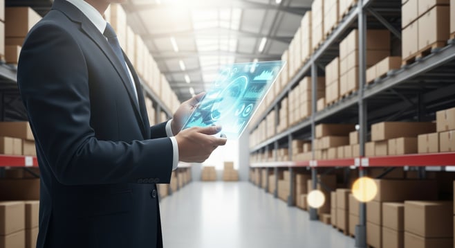 A person in a suit stands in a warehouse aisle, holding a transparent tablet. The tablet's screen glows with a futuristic blue interface.