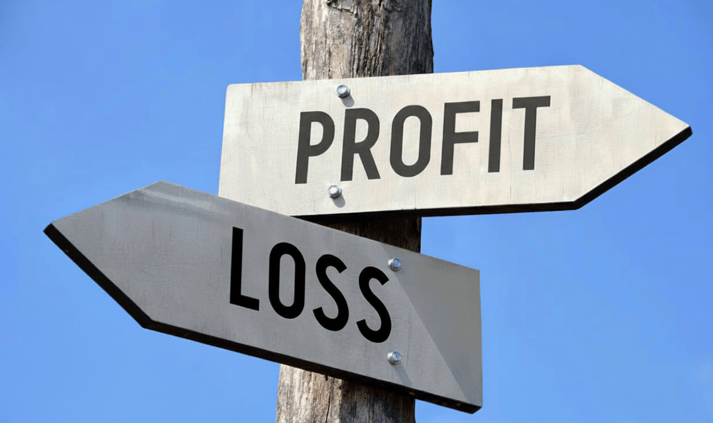A wooden signpost with two arrows: a vibrant 'PROFIT' sign with flowers and coins pointing right, and a cracked, weathered 'LOSS' sign with dead leaves and a tattered pouch pointing left."