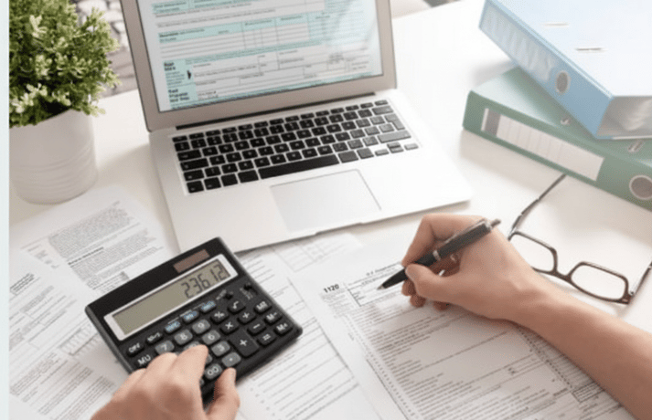 A person doing taxes with a calculator, pen, and laptop