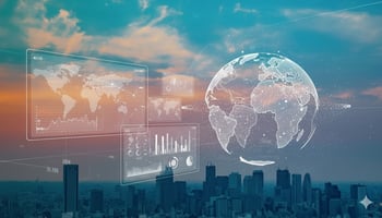 A man in a blue suit and tie, holding a hard hat and papers, looks up pensively in a factory setting. In the background, another worker in a yellow hard hat and plaid shirt measures equipment.