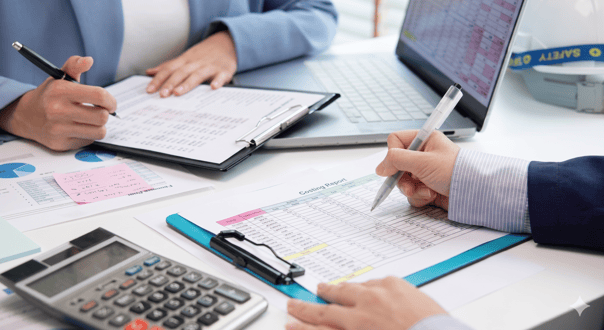 Two professionals reviewing financial spreadsheets and "Costing Reports" at a desk with a calculator and laptop.