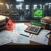  Factory office scene showing tax documents, calculator, and a compliance checklist on a desk, with icons for audit risk and money flow overlayed.