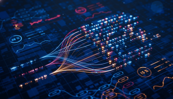Digital data flow with graphs and binary code.