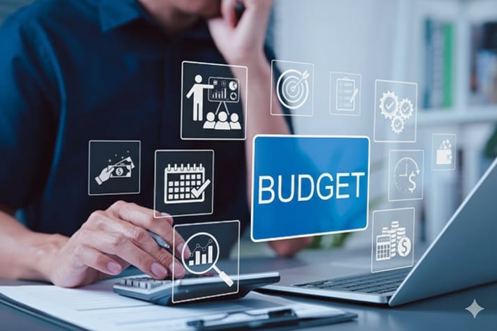 A person working on a budget, surrounded by icons representing financial planning and management.