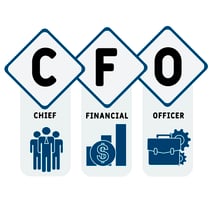Graphic representation of CFO: Chief Financial Officer, featuring icons of team leadership, financial growth, and operations management.