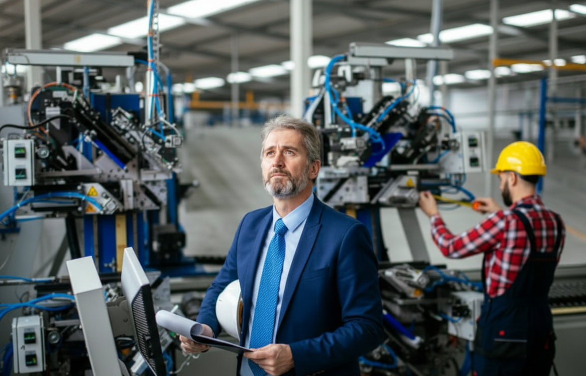 A man in a blue suit and tie, holding a hard hat and papers, looks up pensively in a factory setting. In the background, another worker in a yellow hard hat and plaid shirt measures equipment.