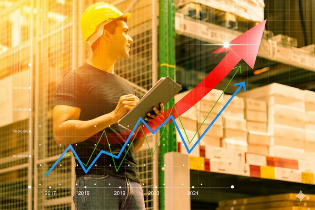 A warehouse worker observes an upward-trending financial graph overlaid on a busy warehouse setting.
