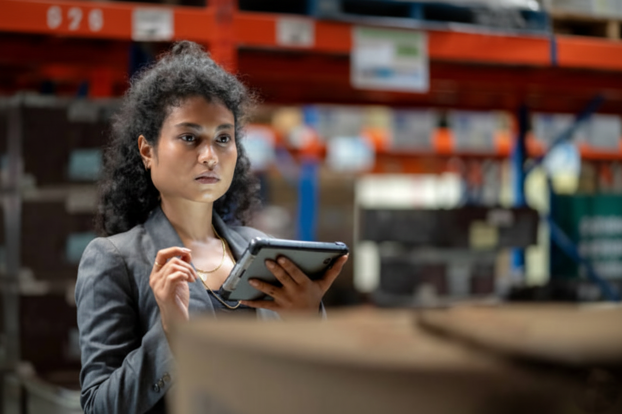 A professional woman in a gray blazer uses a digital tablet while standing in a warehouse with industrial shelving.