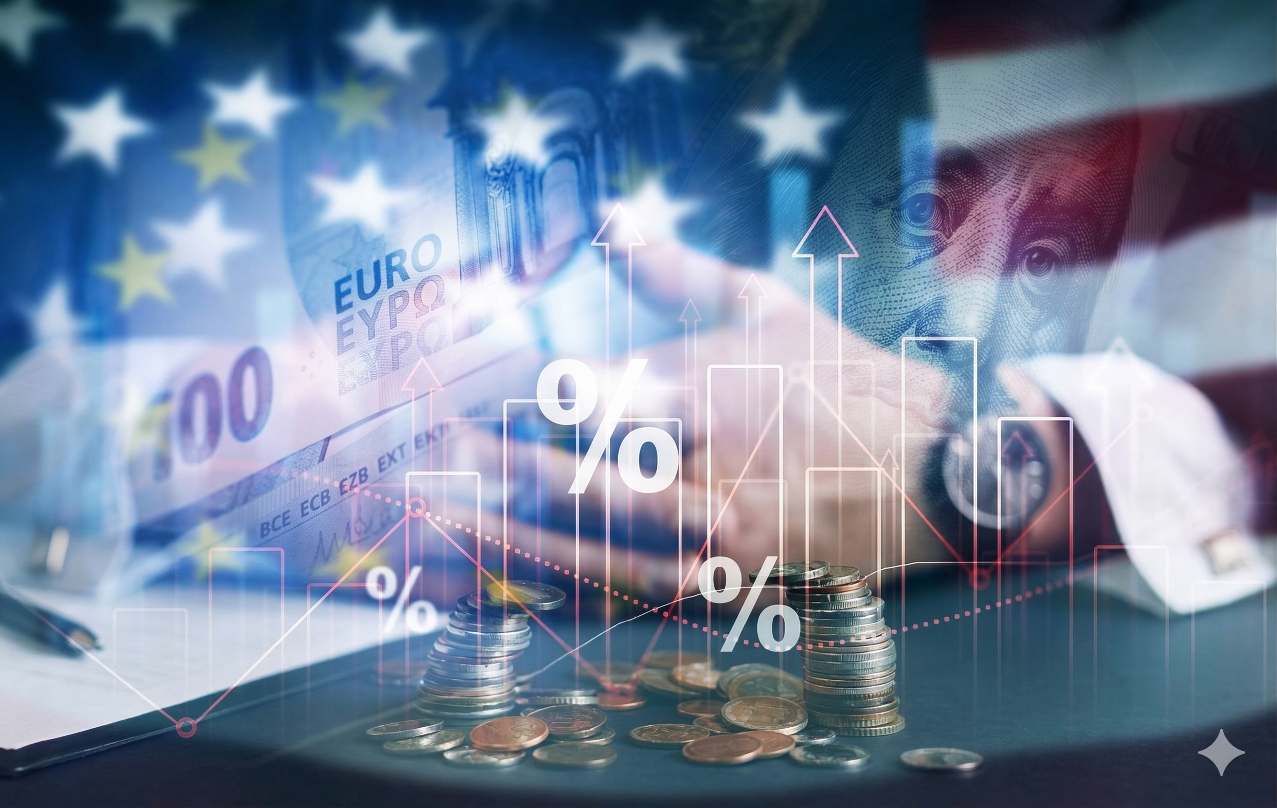A double exposure image of financial graphics, coins, and the Euro and Dollar currencies overlaid with the US flag.