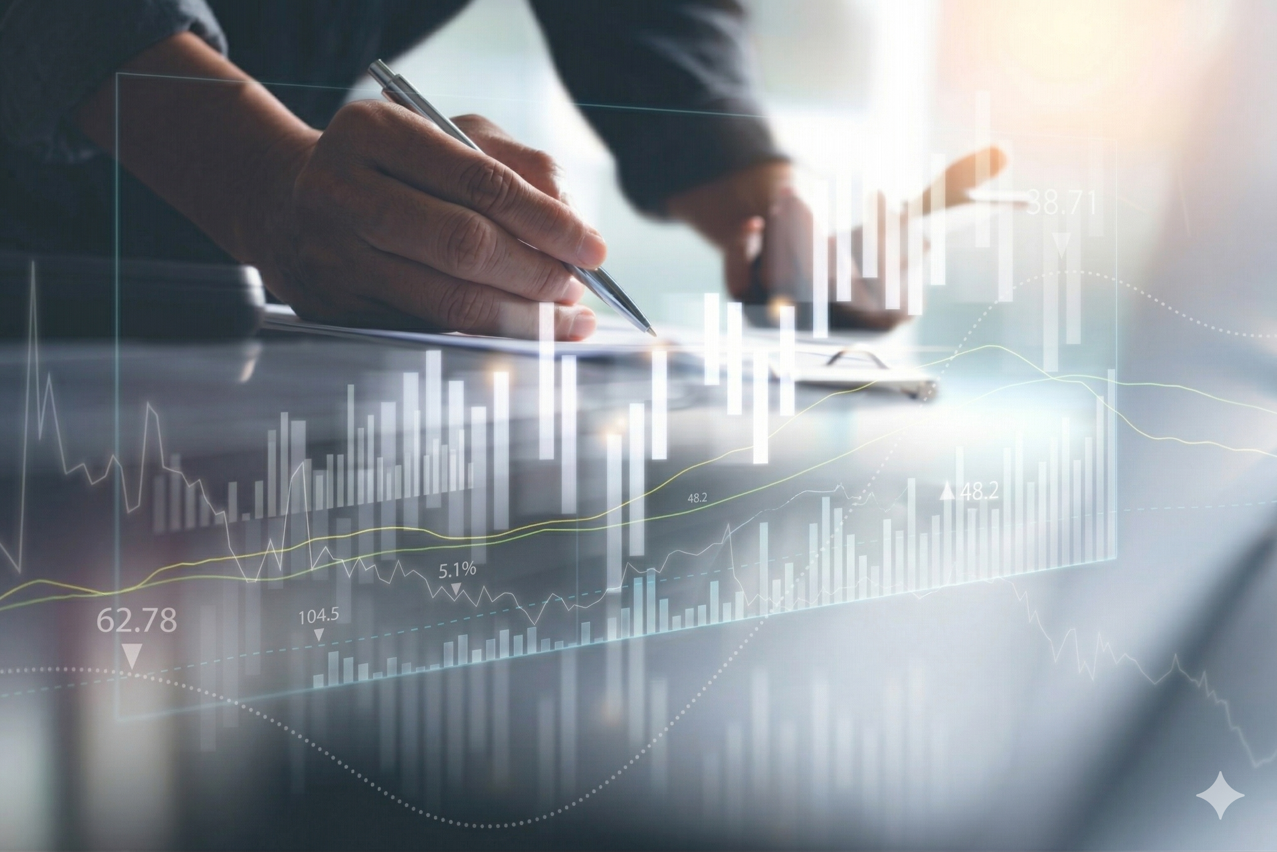 Close-up of a hand signing a document overlaid with glowing financial data charts.