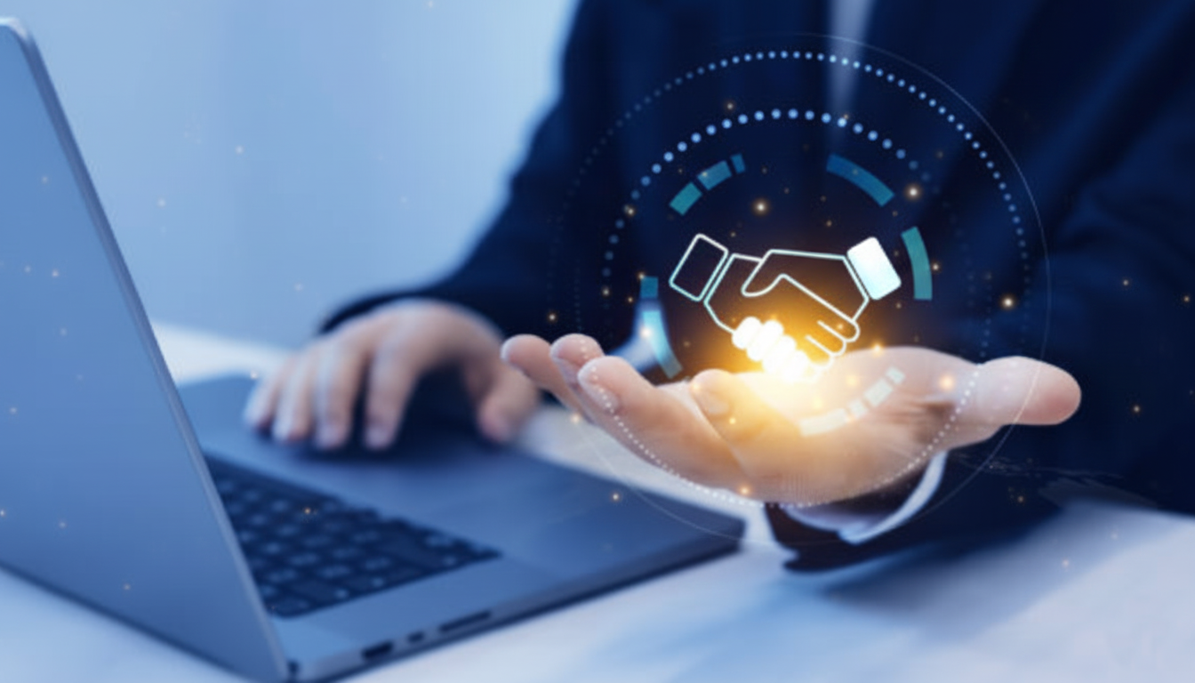 A professional in a suit holds an open palm over a laptop, displaying a glowing digital hologram of a handshake inside a futuristic circular interface.