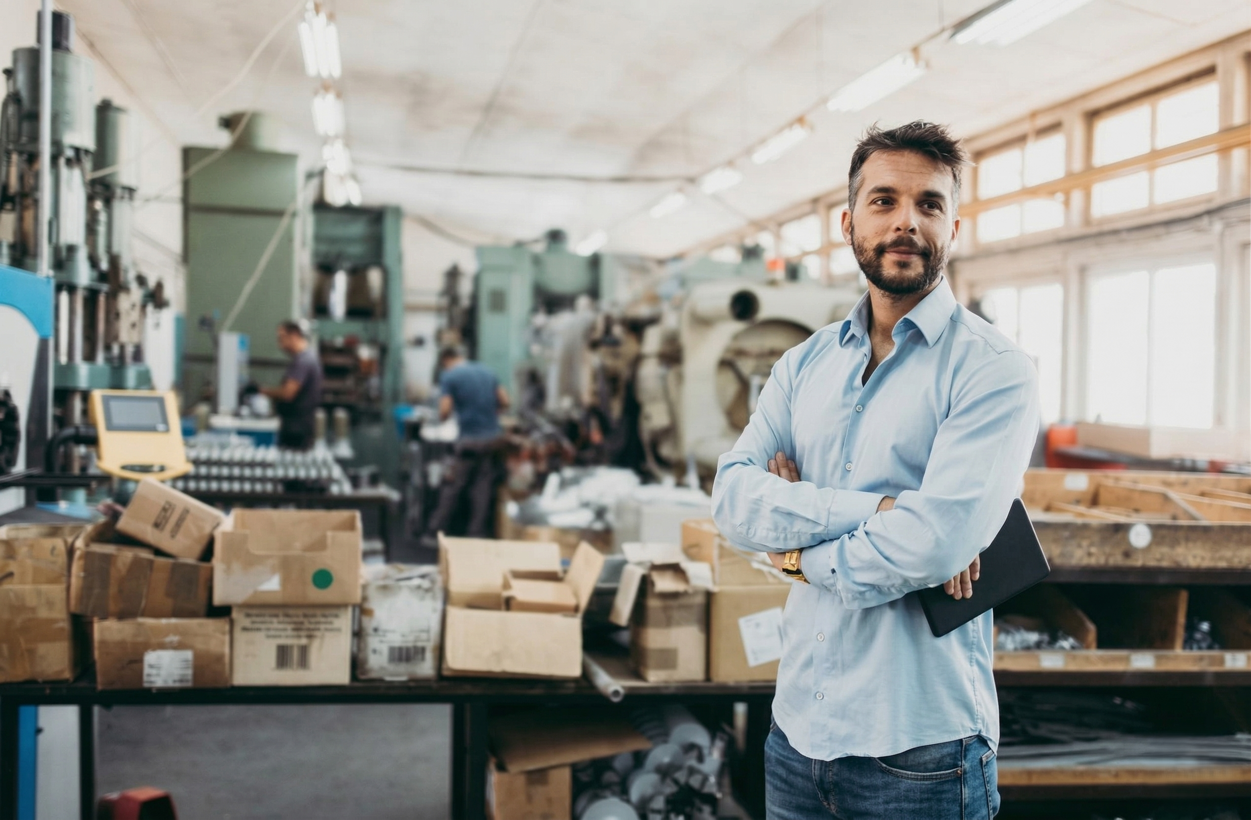 A man with a beard and a light blue shirt, holding a tablet, standing with arms crossed in an industrial factory with machines in the background.