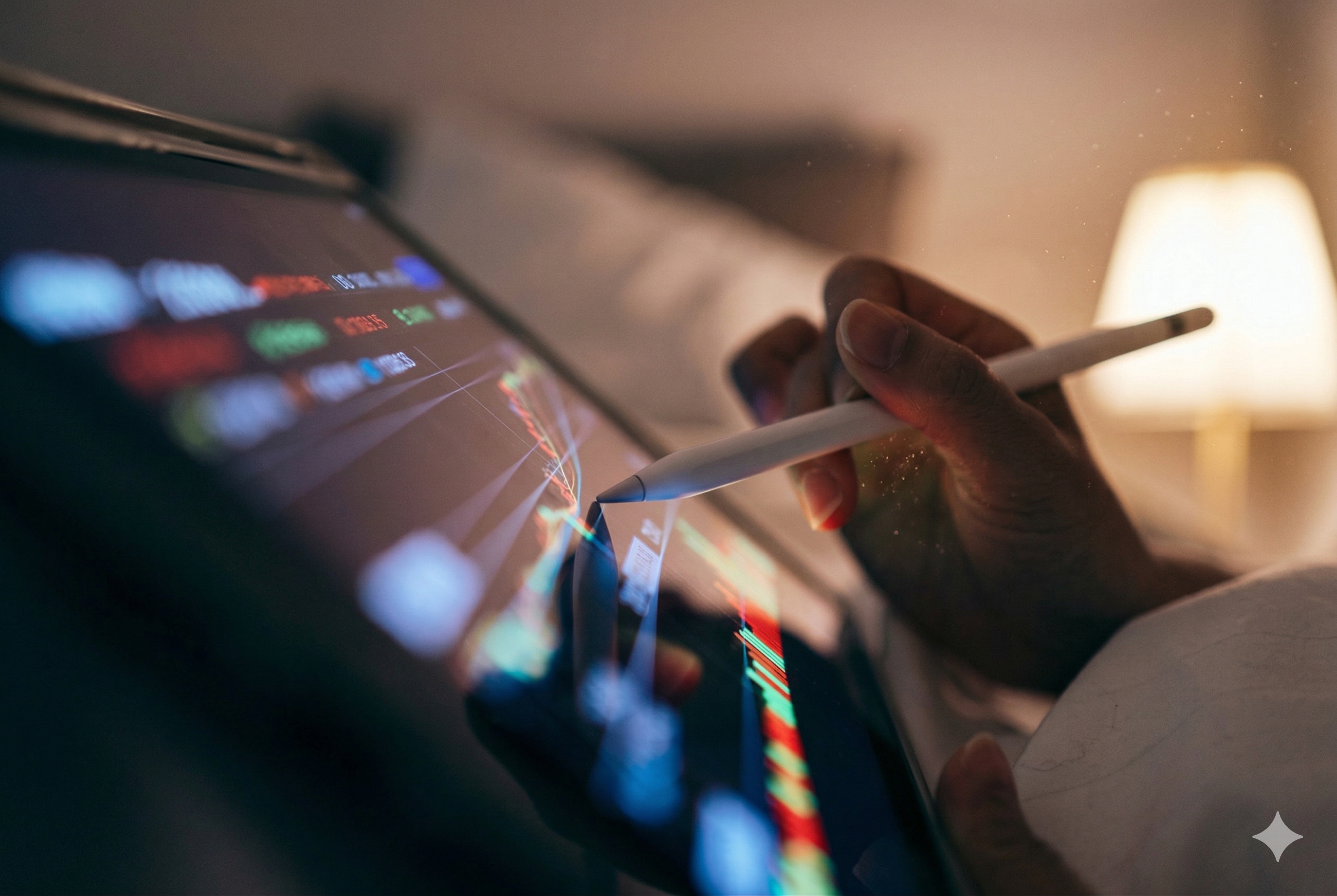 Close-up of a person's hand using a white stylus to analyze colorful financial stock charts on a tablet screen in a dimly lit room.