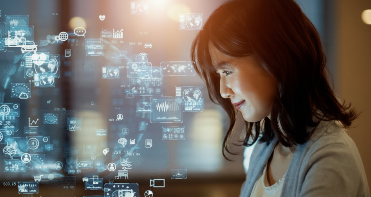 A woman gazes at a cascading stream of glowing digital icons and data visualizations.