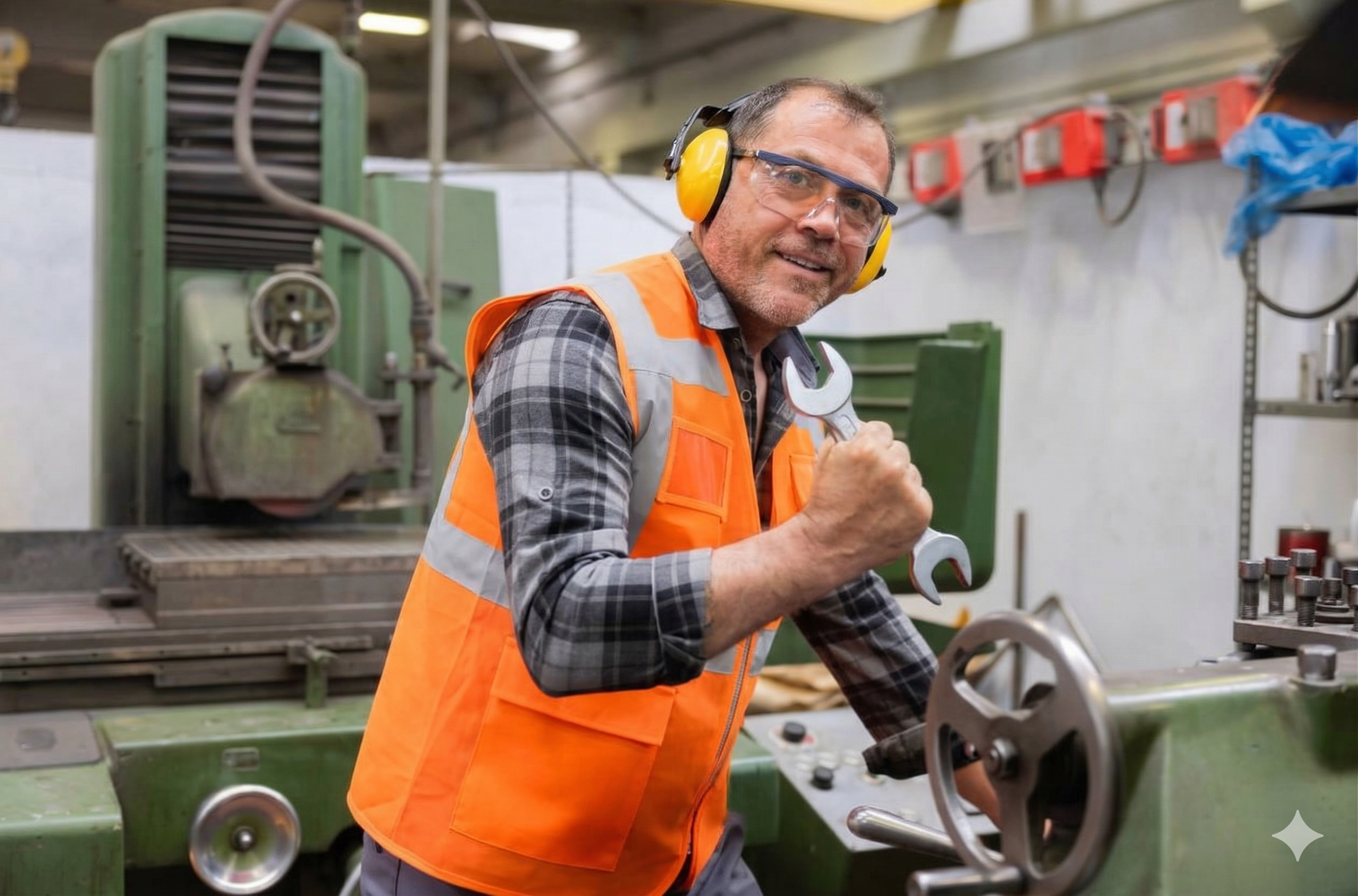 A worker with an orange vest and earmuffs holding a wrench.