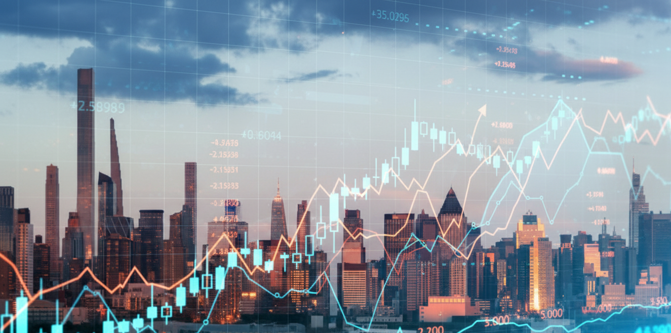 A futuristic cityscape at dusk is overlaid with vibrant blue and orange financial data graphs and charts, representing market trends and economic growth.