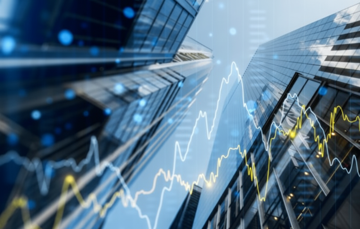  A low-angle view of modern skyscrapers with a glowing financial graph overlaid on the image.