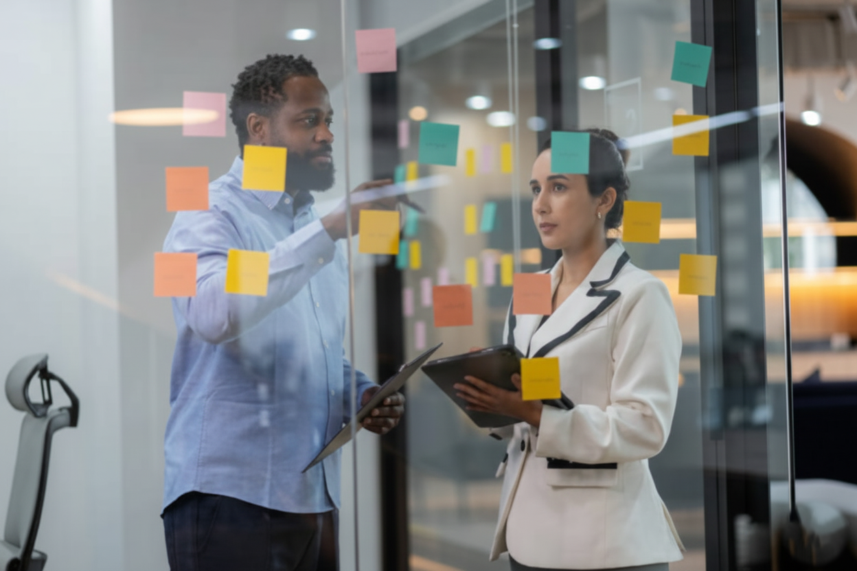Abstract visualization of data analysis, featuring glowing lines converging and dispersing into a grid of digital particles, surrounded by various graphs and metrics on a dark blue background.