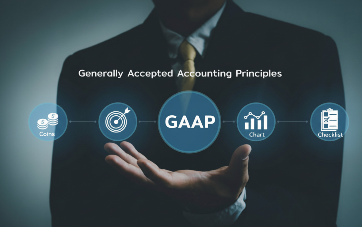 A person in a suit presents a holographic display with "Generally Accepted Accounting Principles" and "GAAP" surrounded by icons representing coins, a target, a chart, and a checklist.
