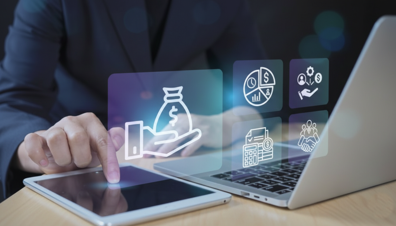 Abstract visualization of data analysis, featuring glowing lines converging and dispersing into a grid of digital particles, surrounded by various graphs and metrics on a dark blue background.