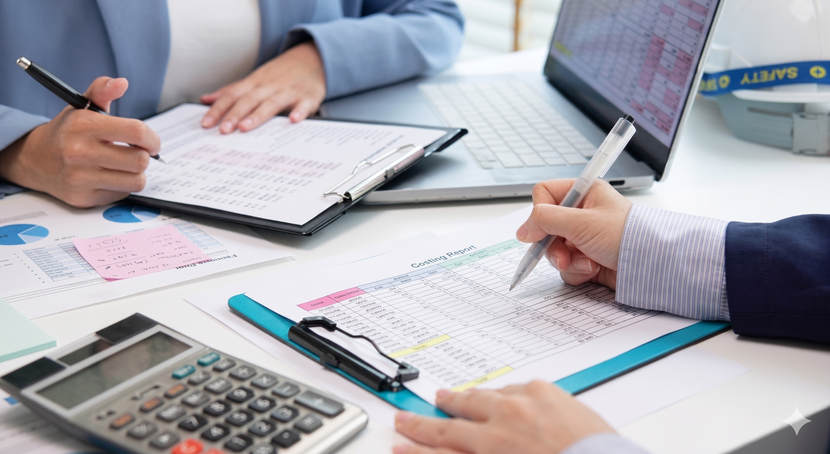 Two professionals reviewing financial spreadsheets and "Costing Reports" at a desk with a calculator and laptop.