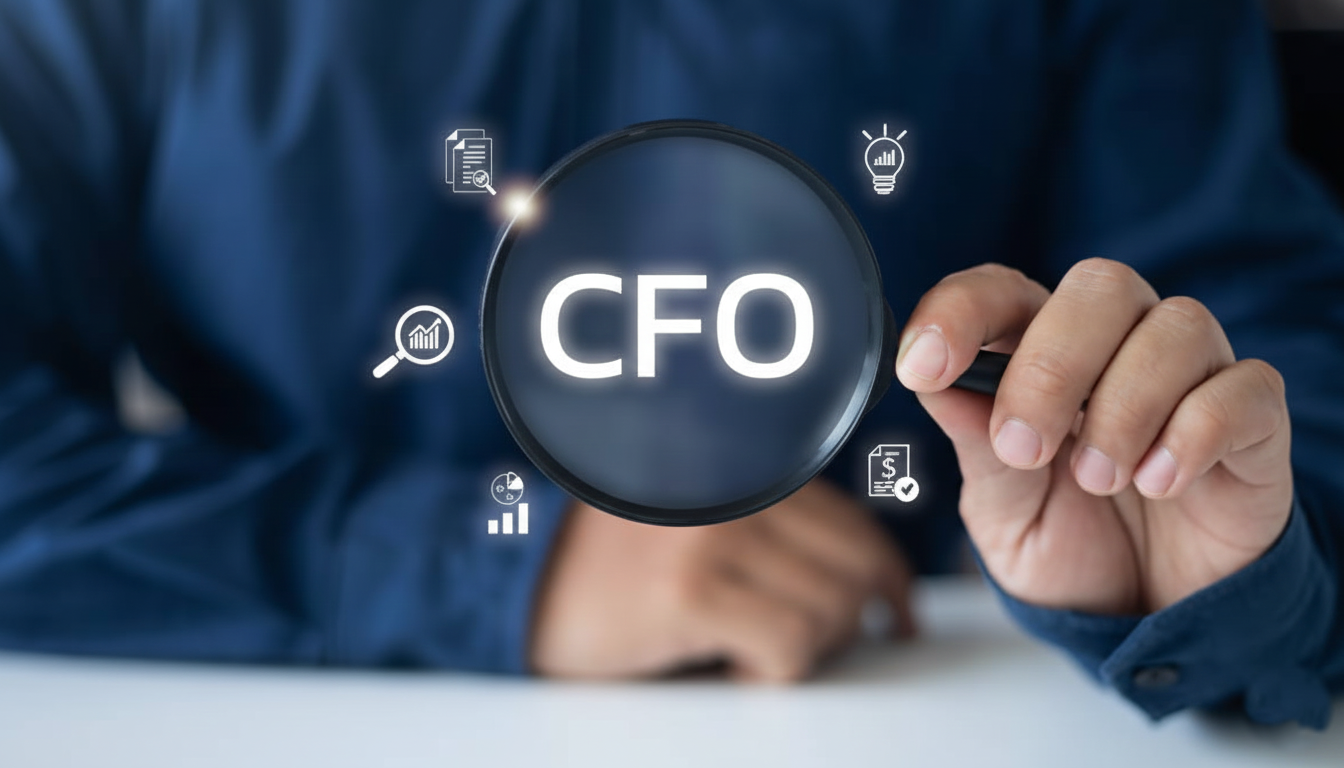 A person holding a magnifying glass over the glowing text "CFO," surrounded by floating financial and document icons.