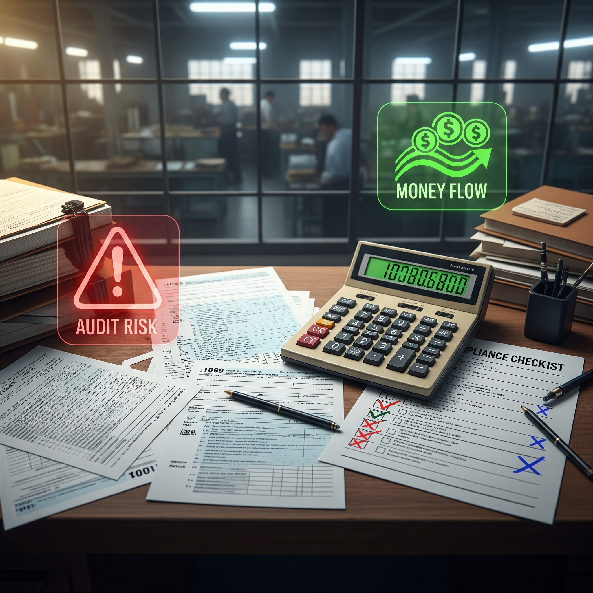  Factory office scene showing tax documents, calculator, and a compliance checklist on a desk, with icons for audit risk and money flow overlayed.