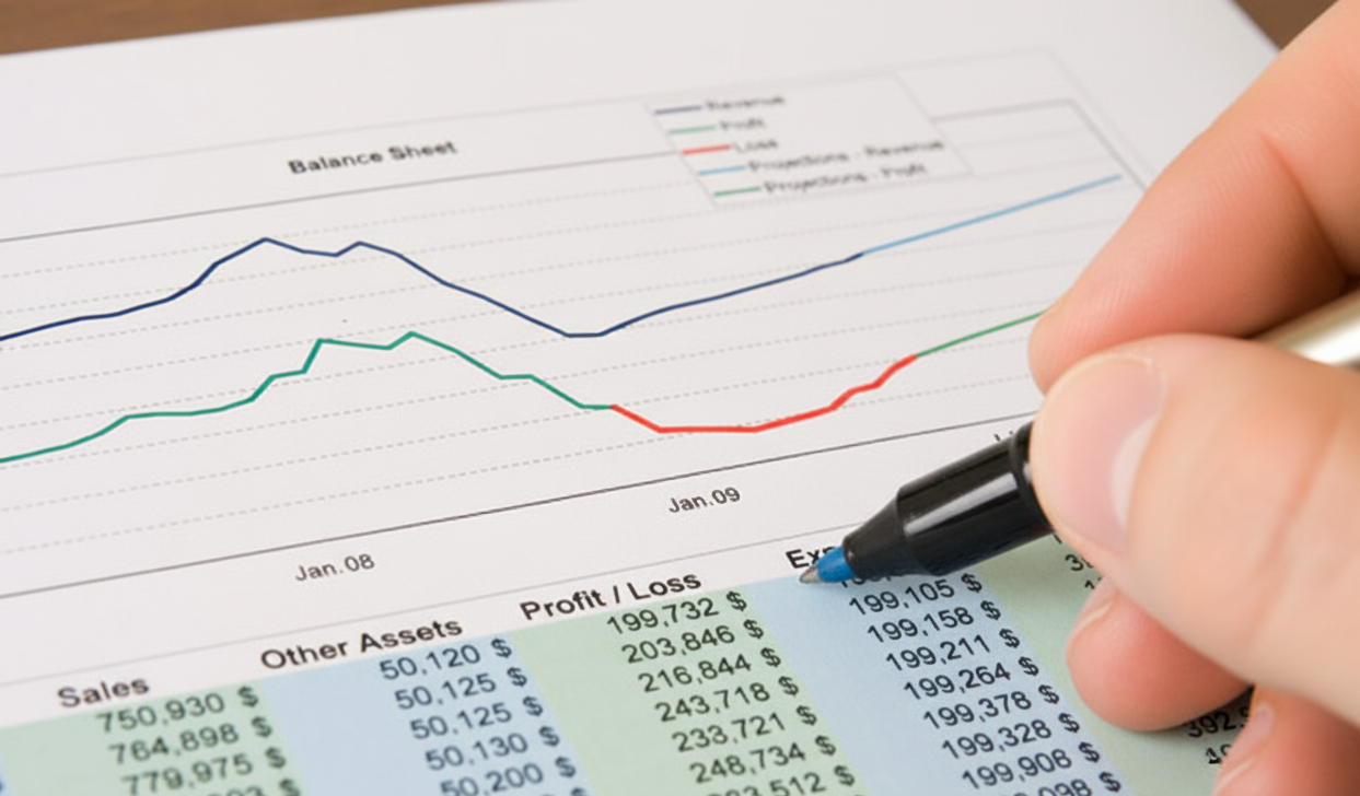 Hand with a pen pointing at a financial report showing a balance sheet, profit/loss statement, and trend lines.