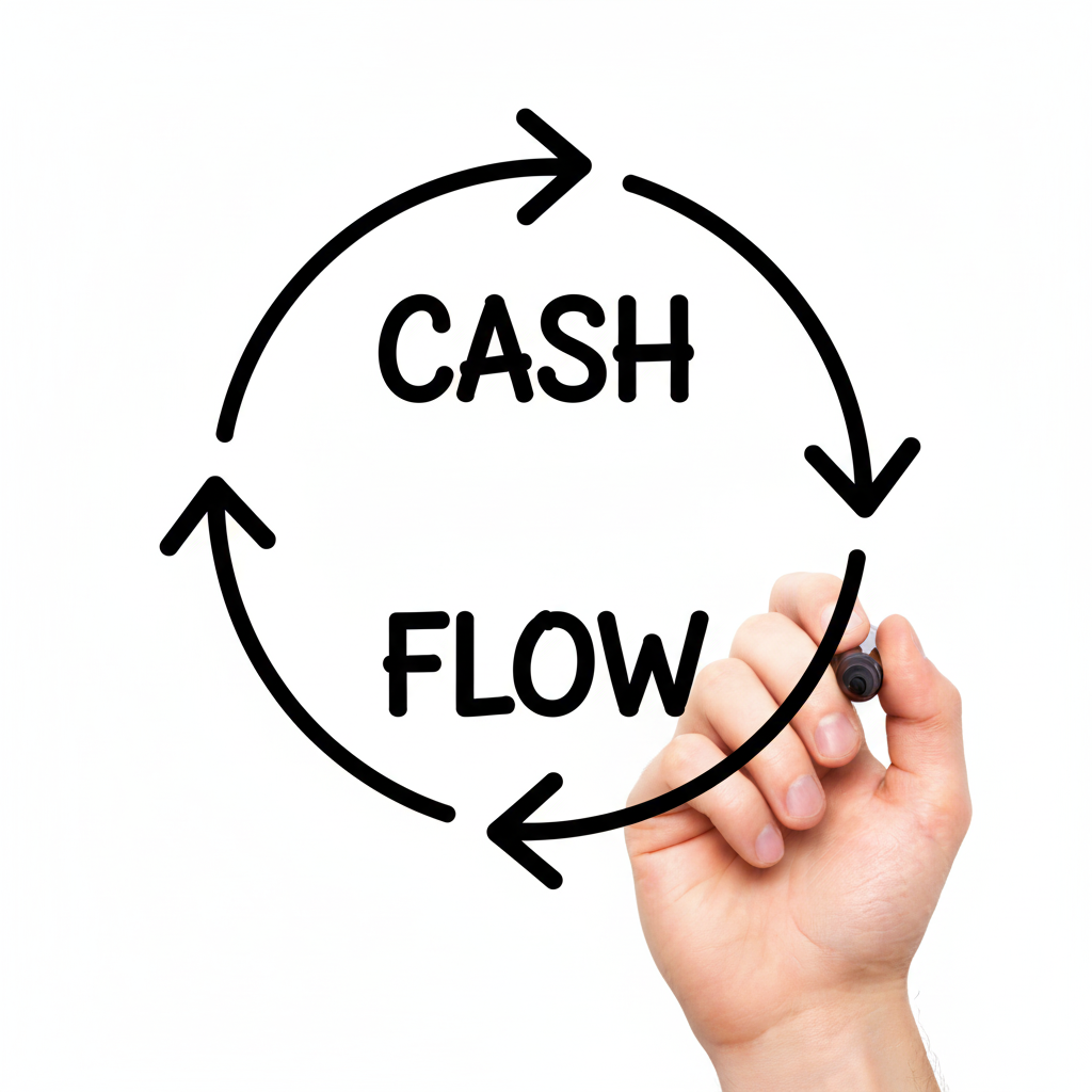 A hand drawing a circular diagram with arrows pointing clockwise, encompassing the words "CASH" at the top and "FLOW" at the bottom, illustrating the concept of cash flow.