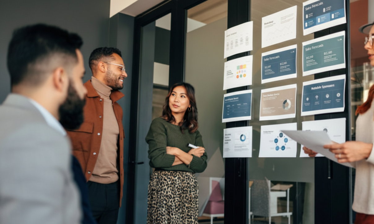 A diverse group of professionals engaging in a lively discussion in a modern office setting, with one person presenting information displayed on glass partitions behind them.