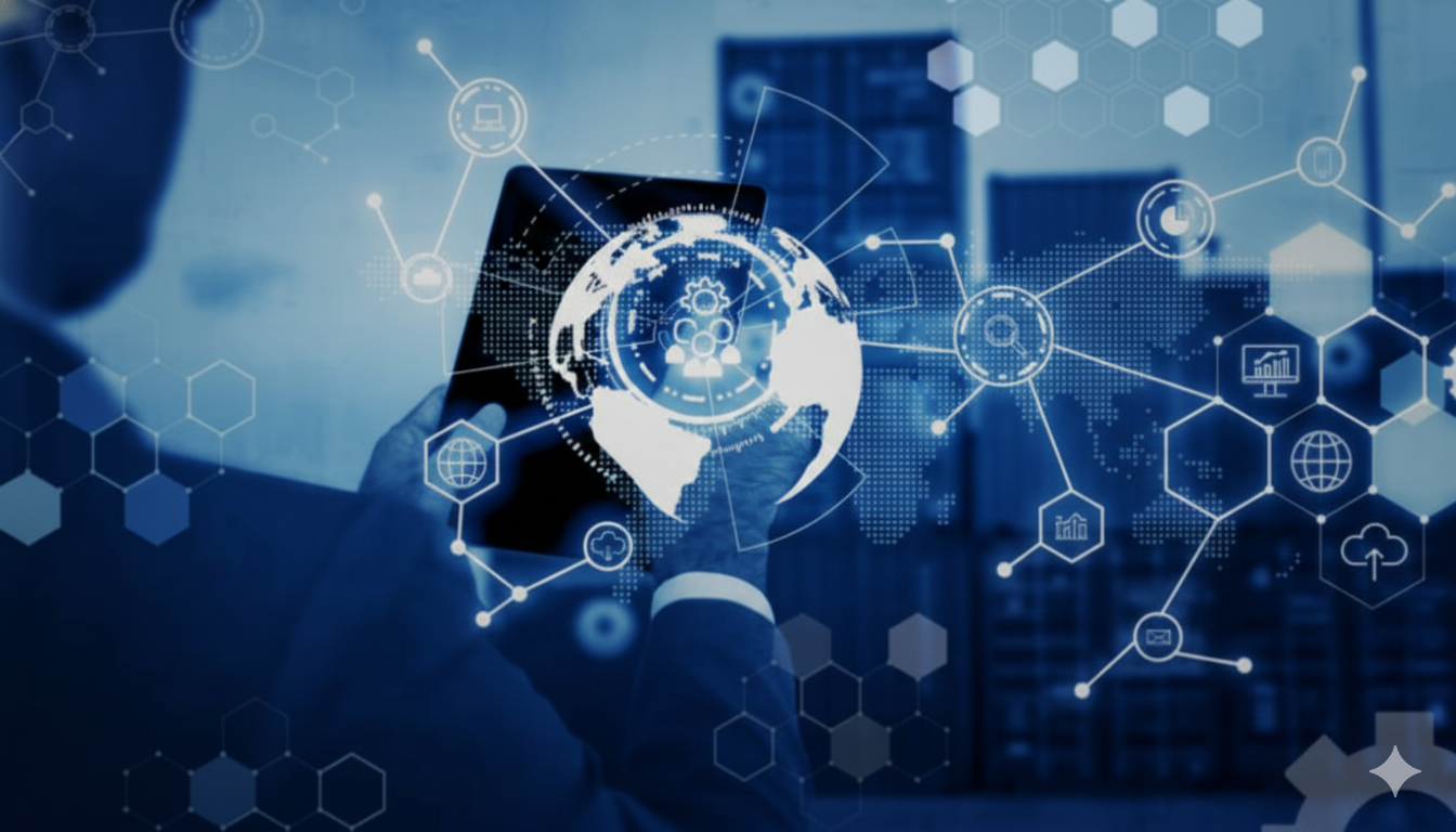 A businessman holds a tablet displaying a global network of interconnected digital icons, overlaying a background of shipping containers, suggesting global logistics and technology.