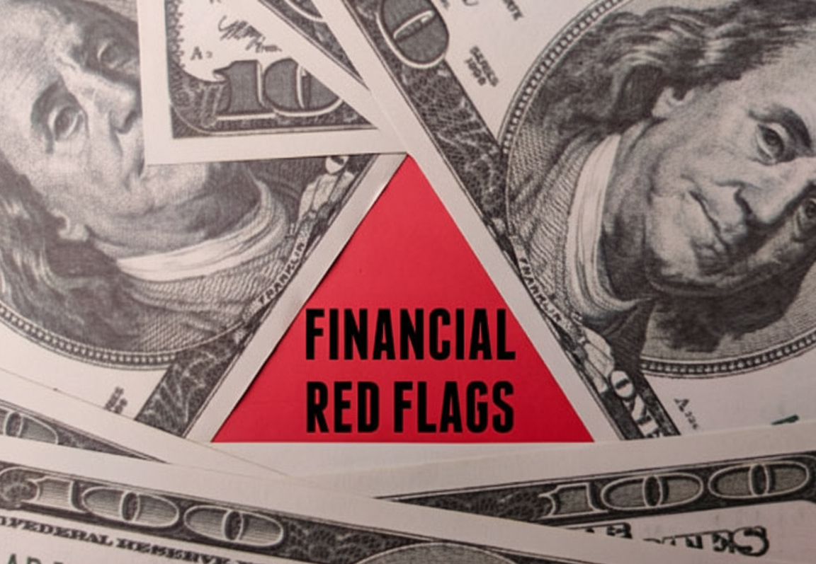 A red triangle with the words "FINANCIAL RED FLAGS" in black text is centered on the image, surrounded by a fan of hundred-dollar bills.